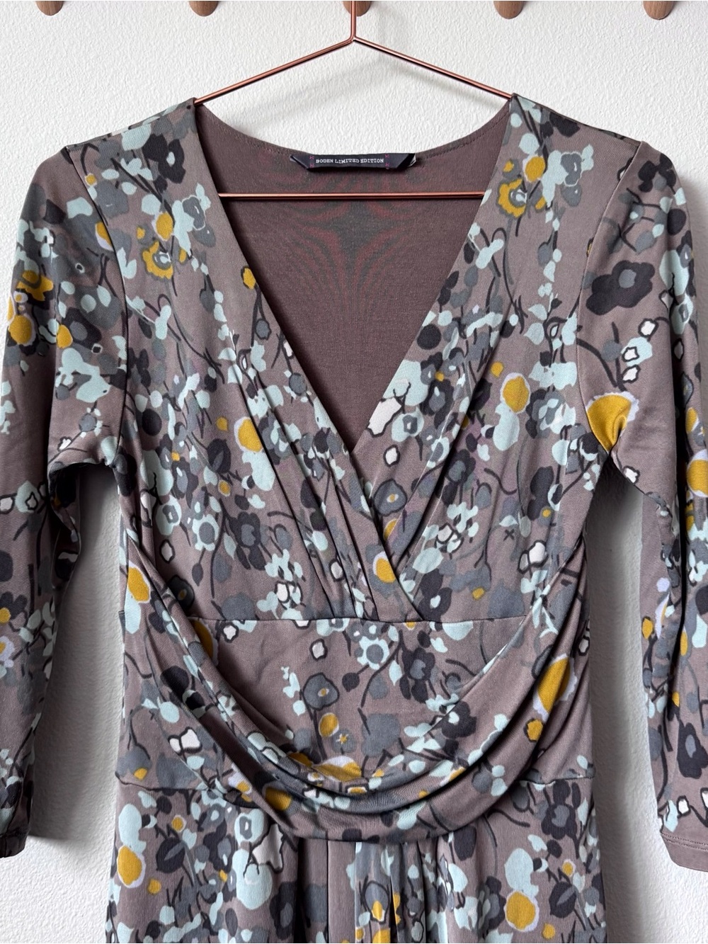 Boden Limited Edition Taupe Floral Midi Dress with Yellow & Light Blue Accents - Picture 2 of 10